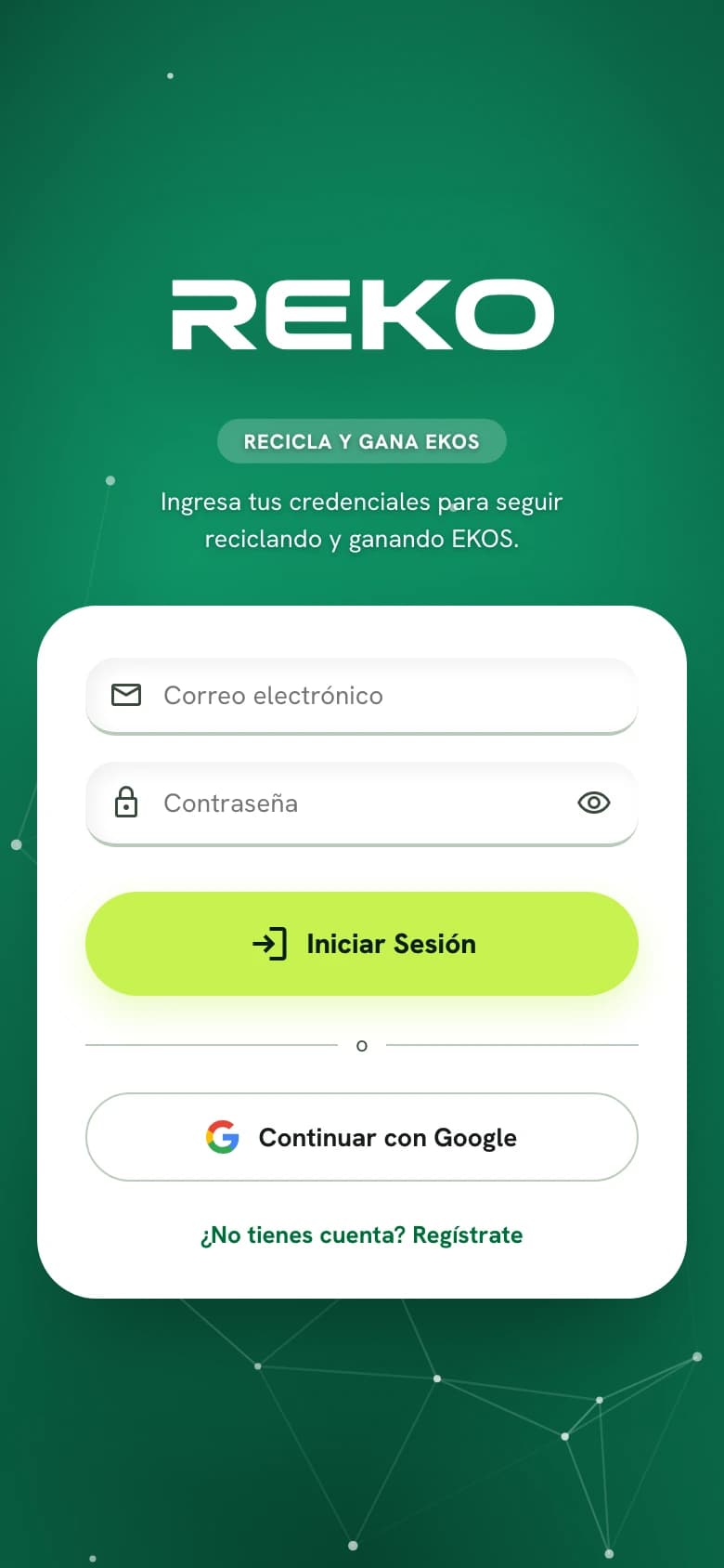 Pantalla de inicio de sesión real de REKO